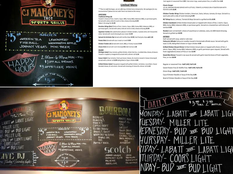 CJ Mahoney's Troy Menu