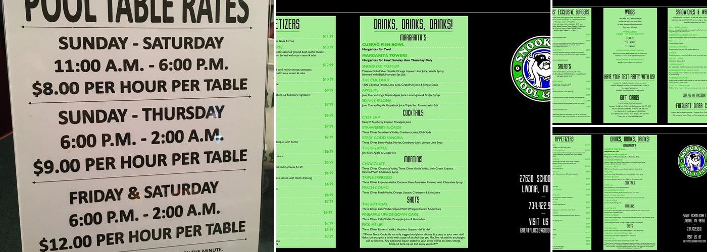 Snookers' Pool & Pub Menu