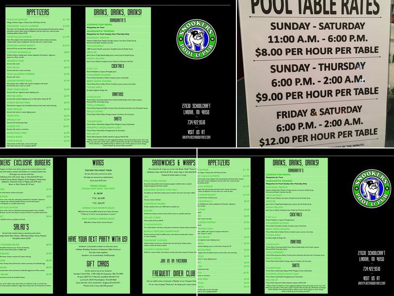Snookers' Pool & Pub Menu