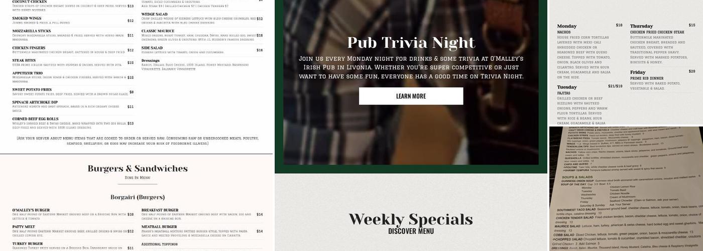 O'Malley's Supper Spirits & Song Menu