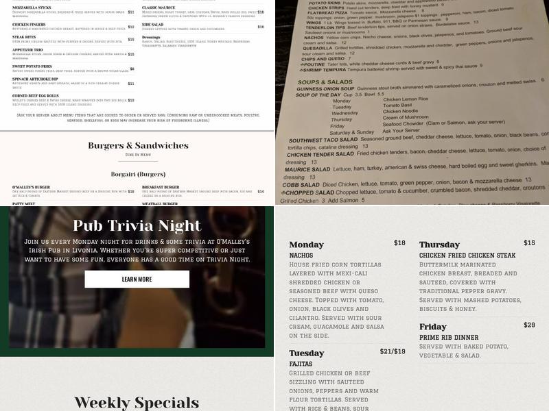 O'Malley's Supper Spirits & Song Menu