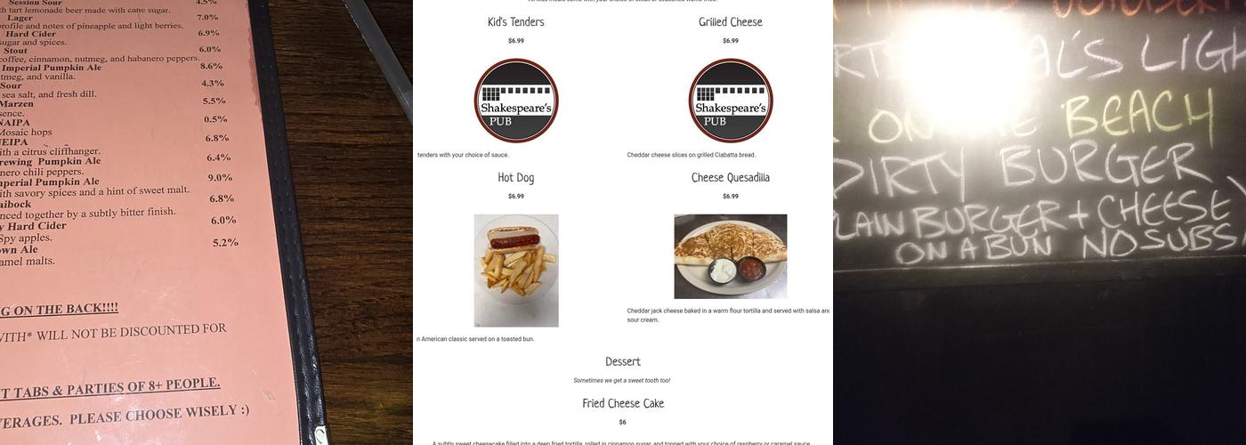 Shakespeare's Pub Menu