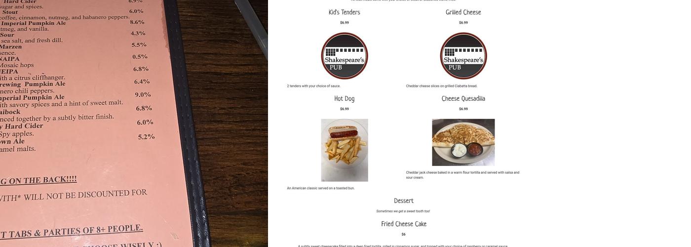 Shakespeare's Pub Menu