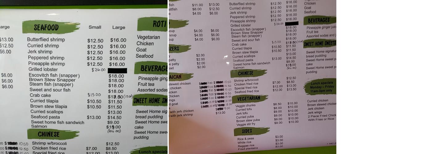 Sweet Home Jamaica Menu