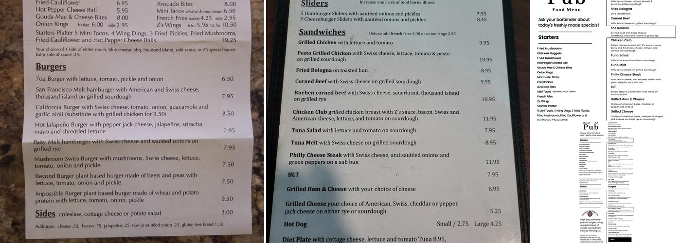Z’s Pub Menu