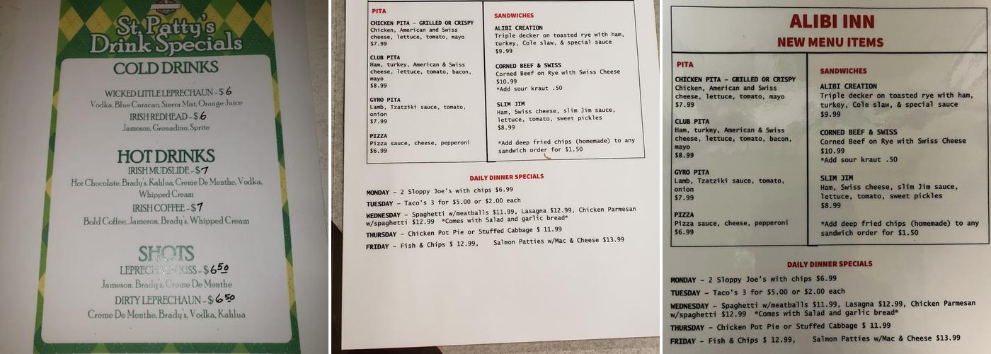 Alibi Inn Menu