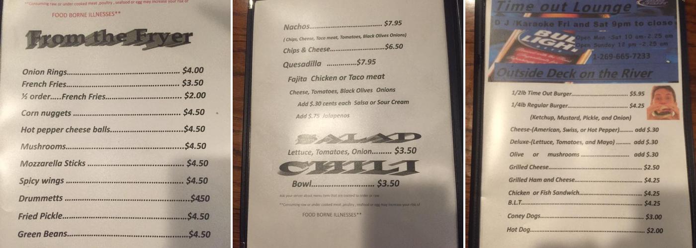 Time Out Lounge Menu