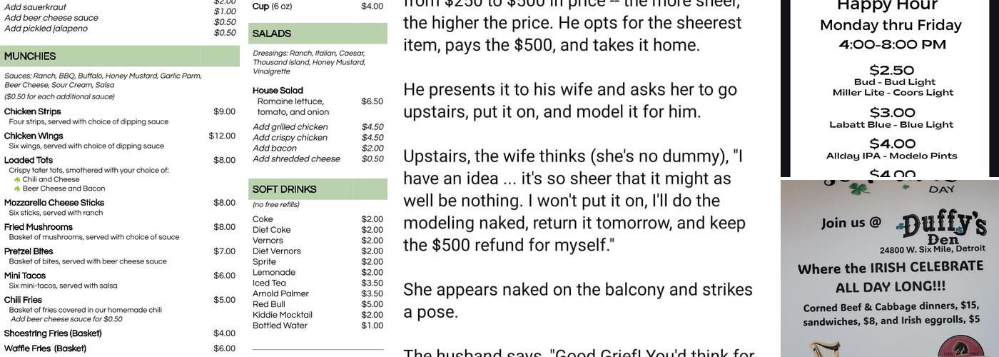 Duffy's Den Menu