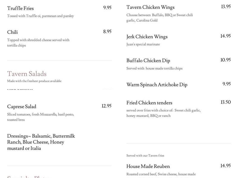 Tavern on Merrimack Menu