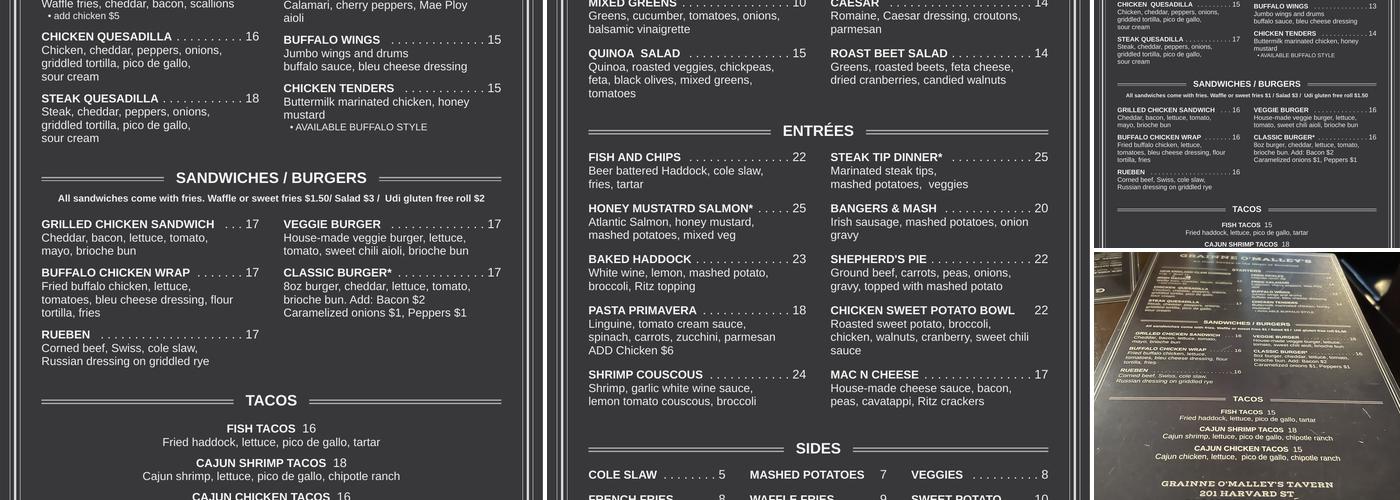 Grainne O'Malley's Tavern Menu