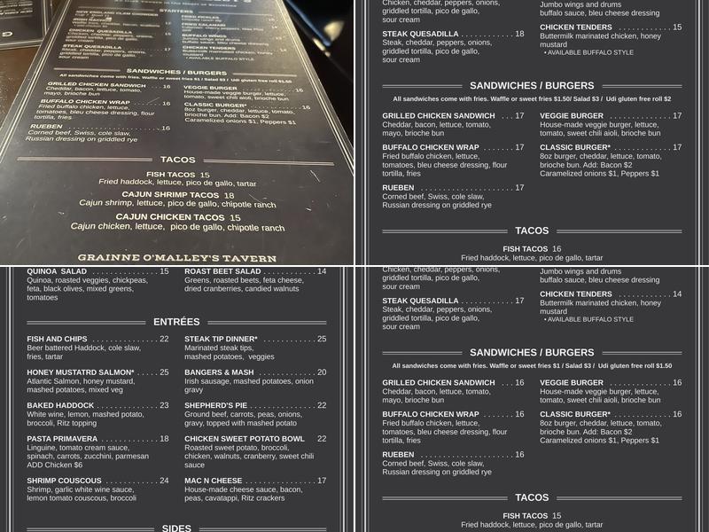 Grainne O'Malley's Tavern Menu