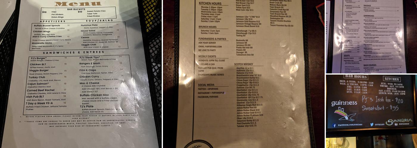 PJ Ryan's Menu