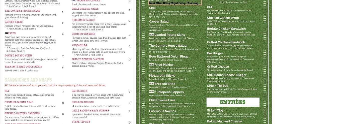 Jacob's Corner Menu