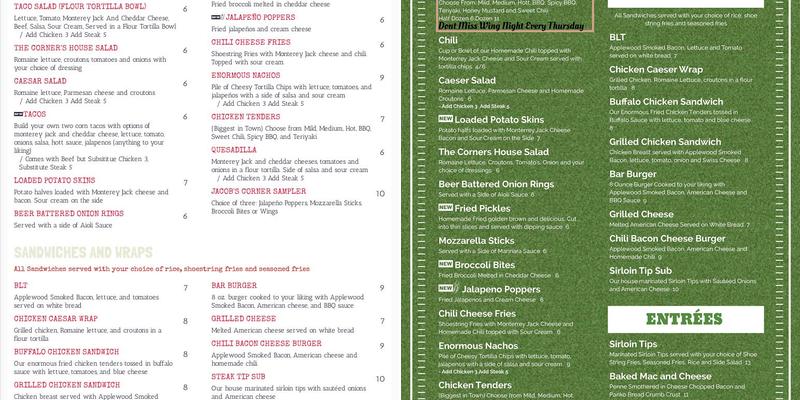 Jacob's Corner Menu