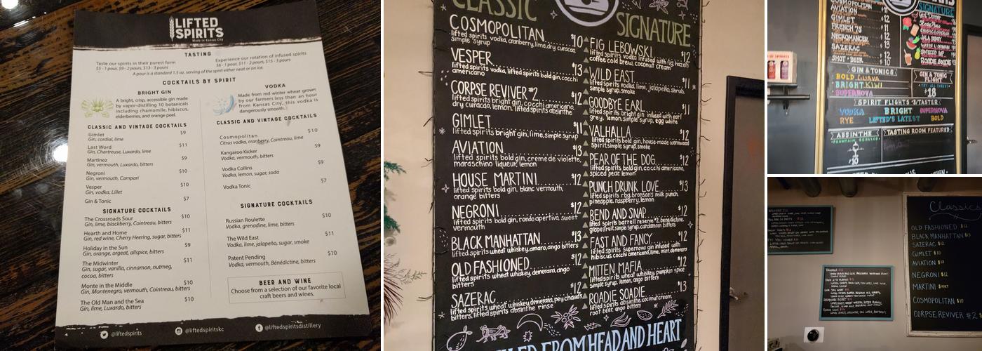 Lifted Spirits Distillery Menu