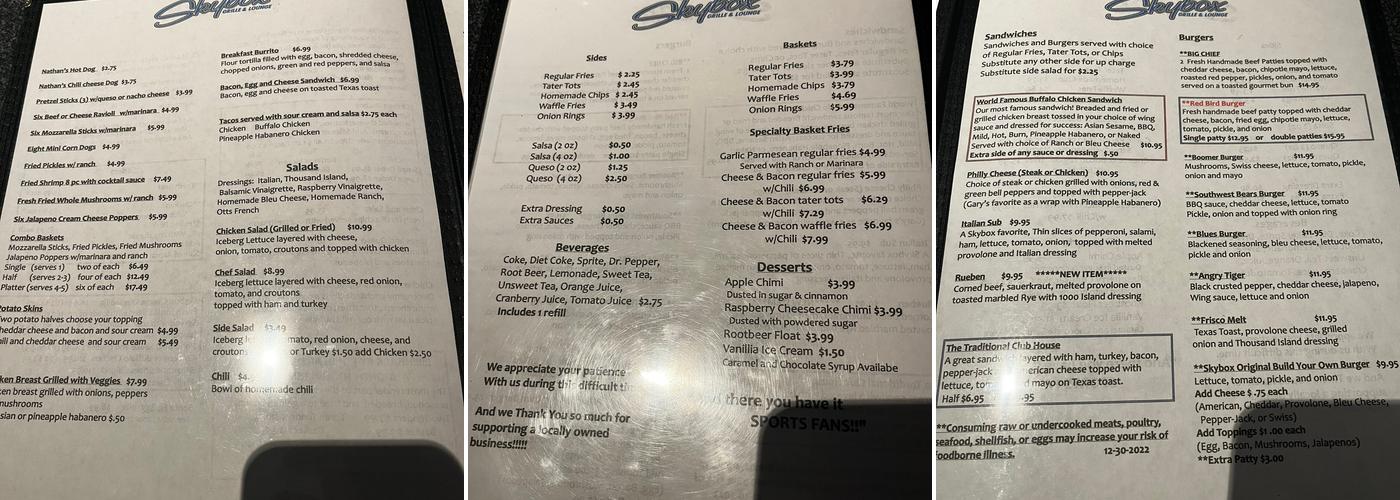 Skybox Grill & Lounge Menu