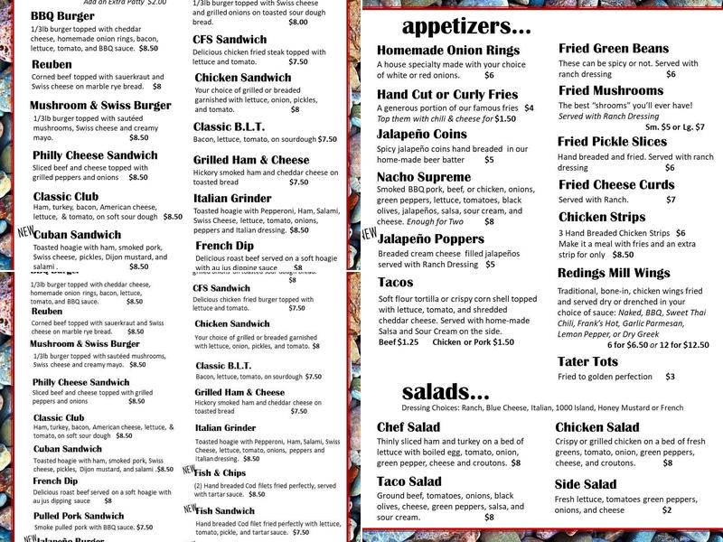 Redings Mill Inn Menu