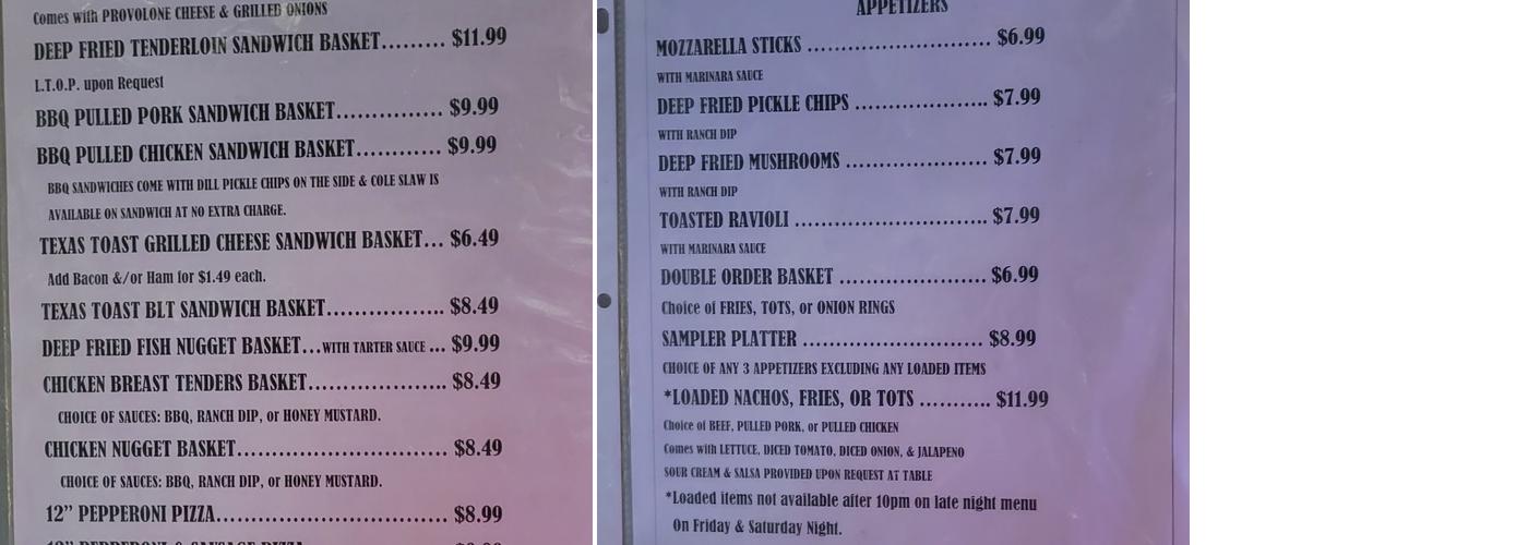 LAZY JAY'S SALOON Menu
