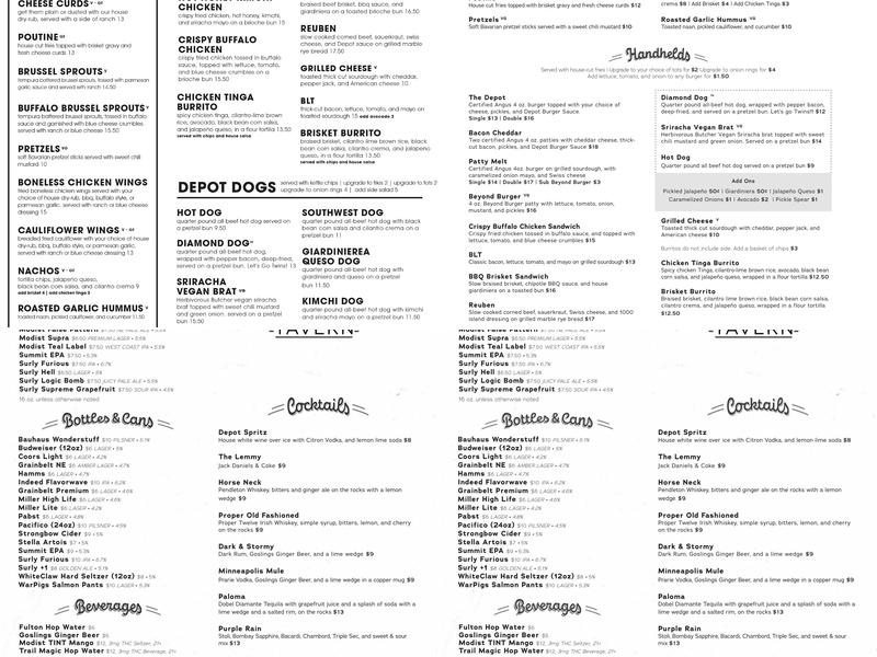The Depot Tavern Menu