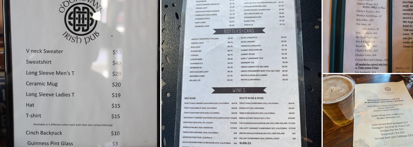 O'Donovan's Irish Pub Menu