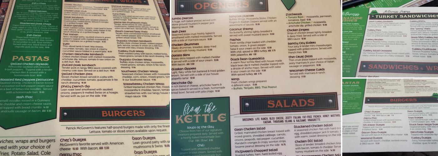 Patrick McGovern's Pub Menu