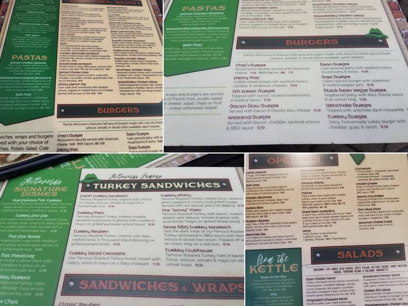 Patrick McGovern's Pub Menu