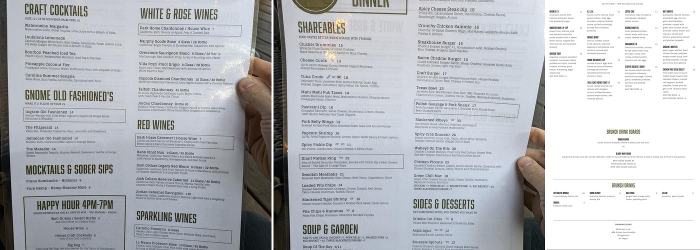 The Gnome Craft Pub Menu