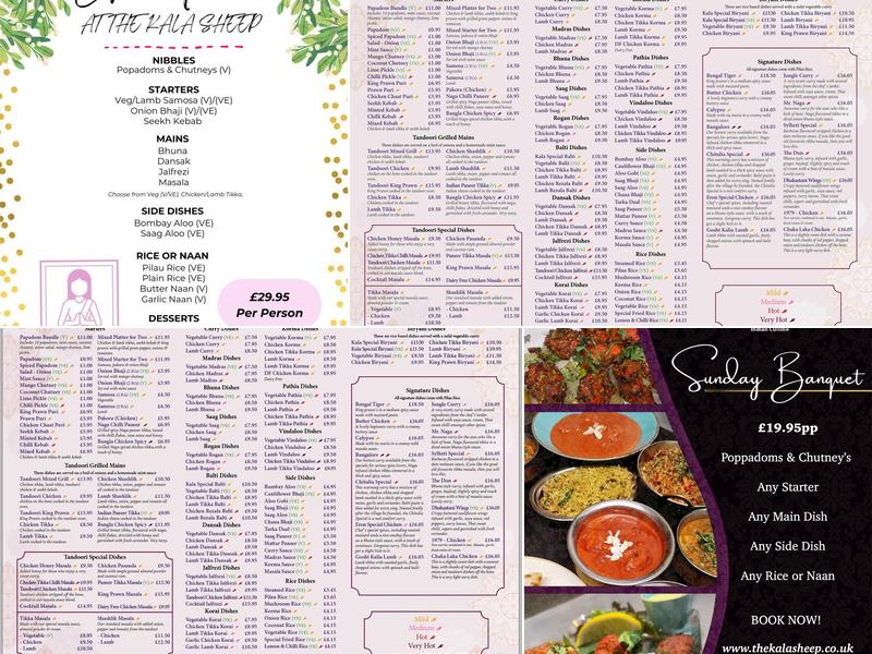 The Kala Sheep Indian Takeaway in Newmarket Menu