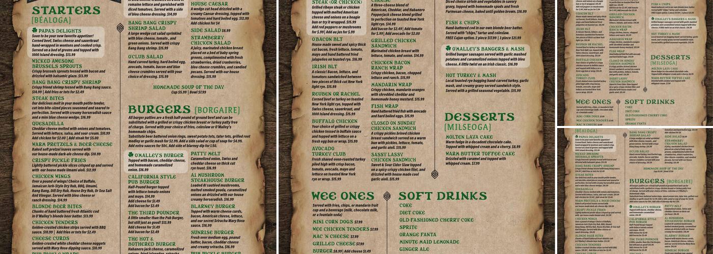 O'Malley's Irish Pub Menu