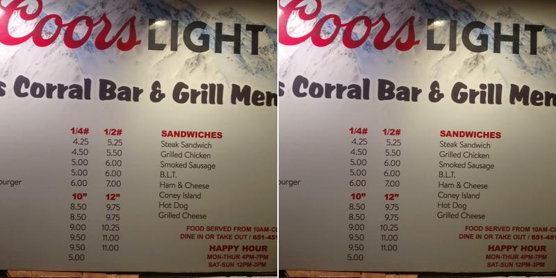 Al's Corral Bar Menu