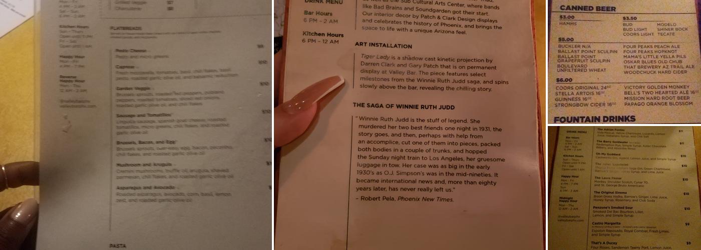 Valley Bar Menu