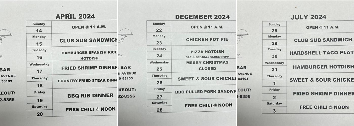Rick's Bar Menu