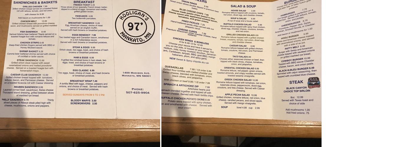 Hooligans Menu