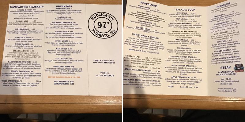 Hooligans Menu