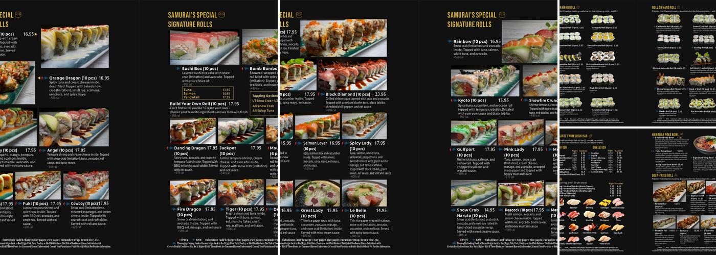 Samurai Japanese Cuisine Menu