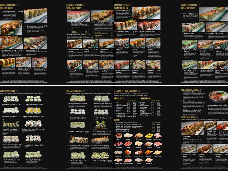 Samurai Japanese Cuisine Menu
