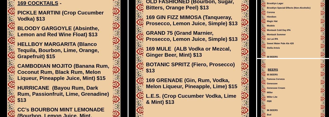 169 Bar Menu