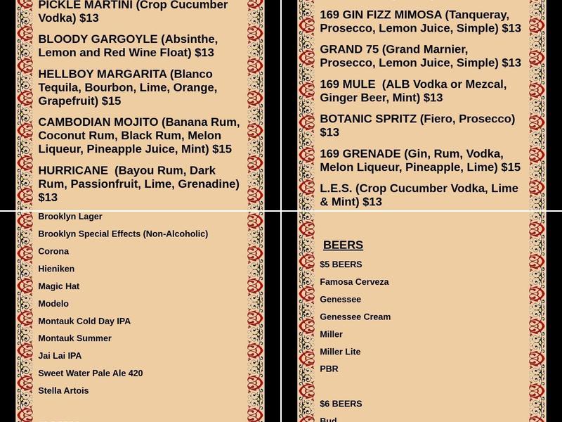 169 Bar Menu