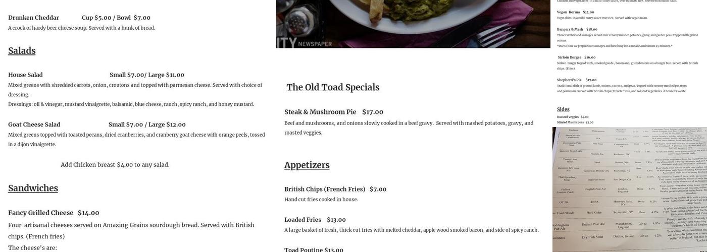 The Old Toad Menu