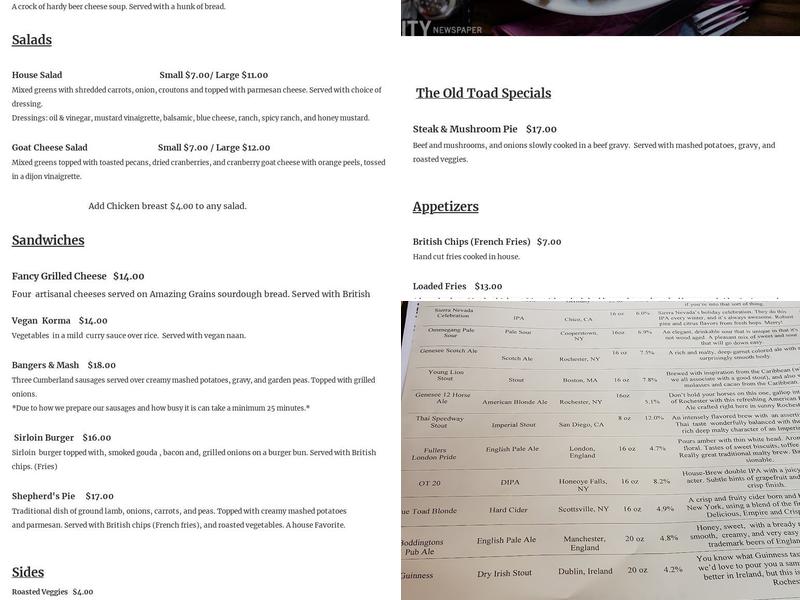 The Old Toad Menu