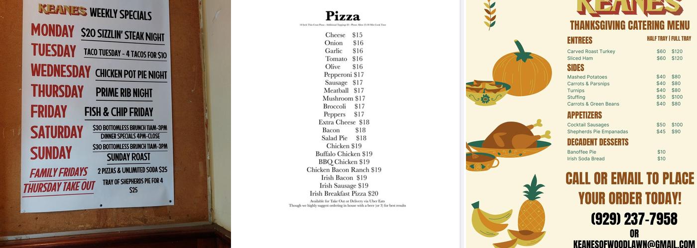 Keane's Bar and Restaurant Menu