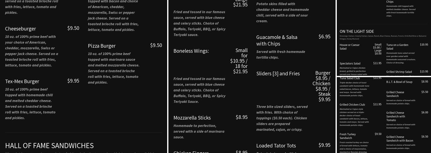 Spectators Sports Pub & Restaurant Menu