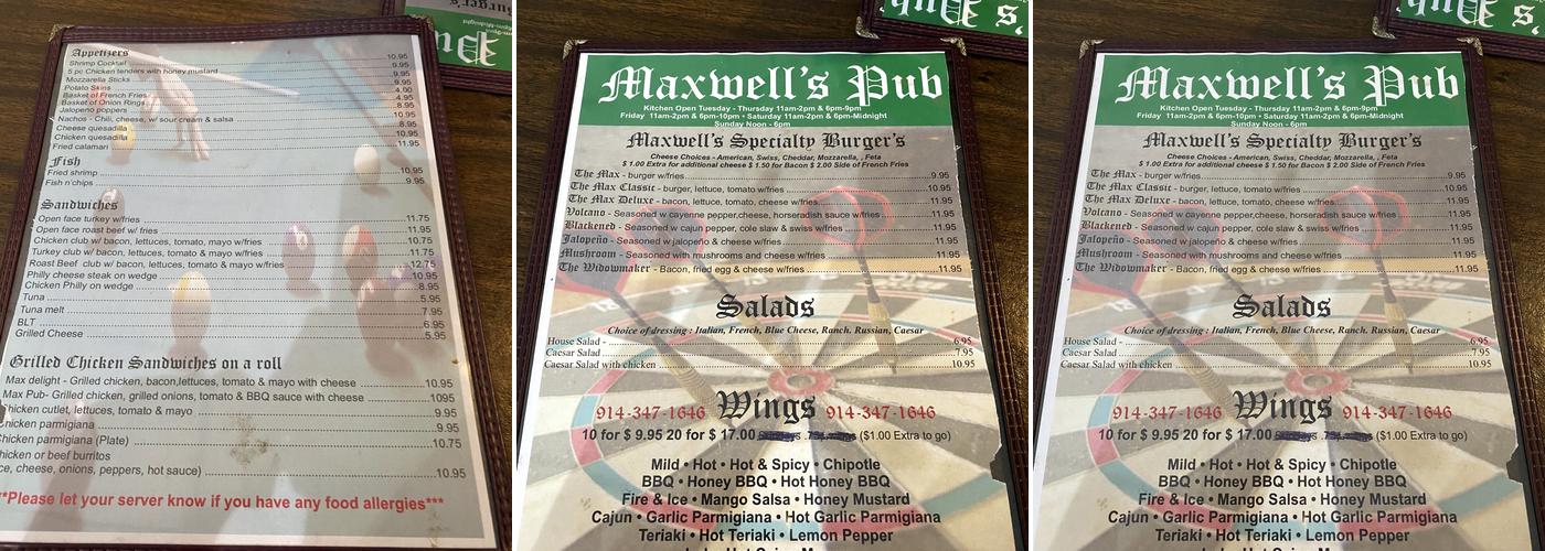 Maxwell's Pub, 38 East Main Street, Elmsford, New York 10523 Menu