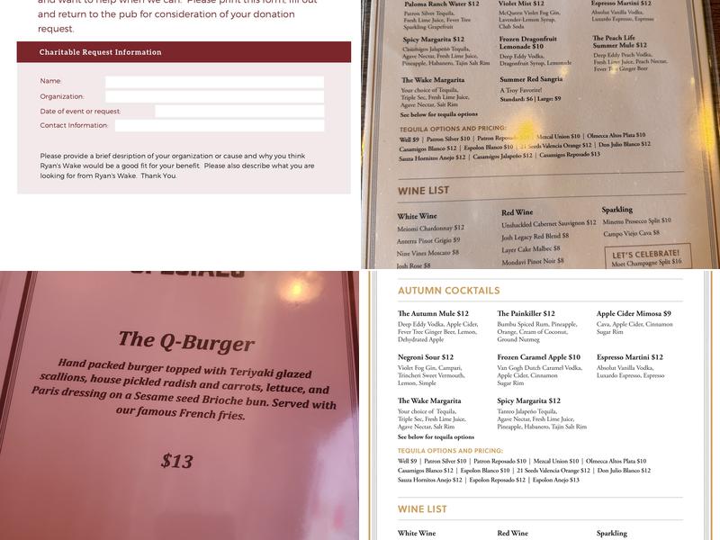 Ryan's Wake Menu