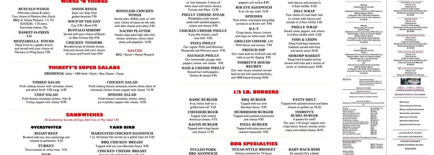 Thirsty's Tavern Menu