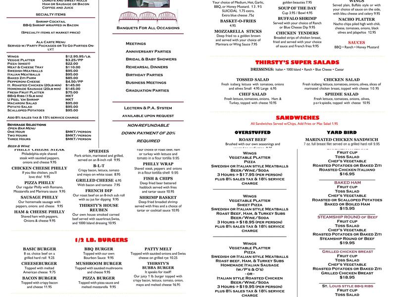 Thirsty's Tavern Menu