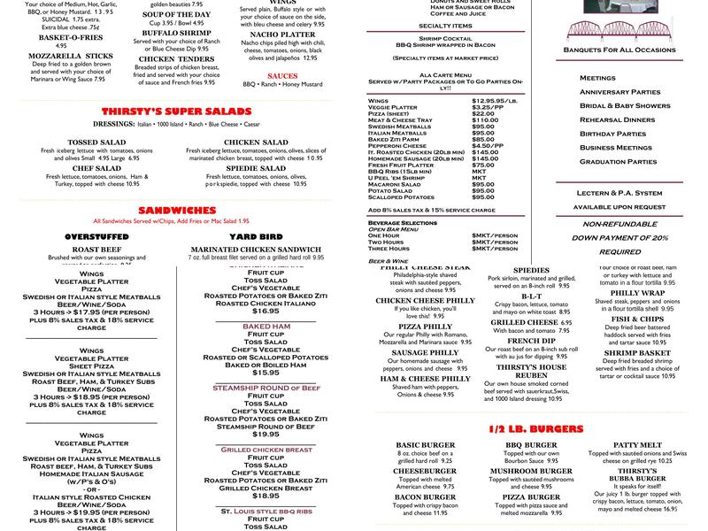 Thirsty's Tavern Menu