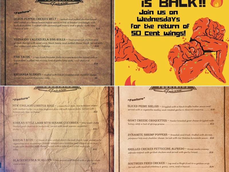 Fountains Tavern Menu