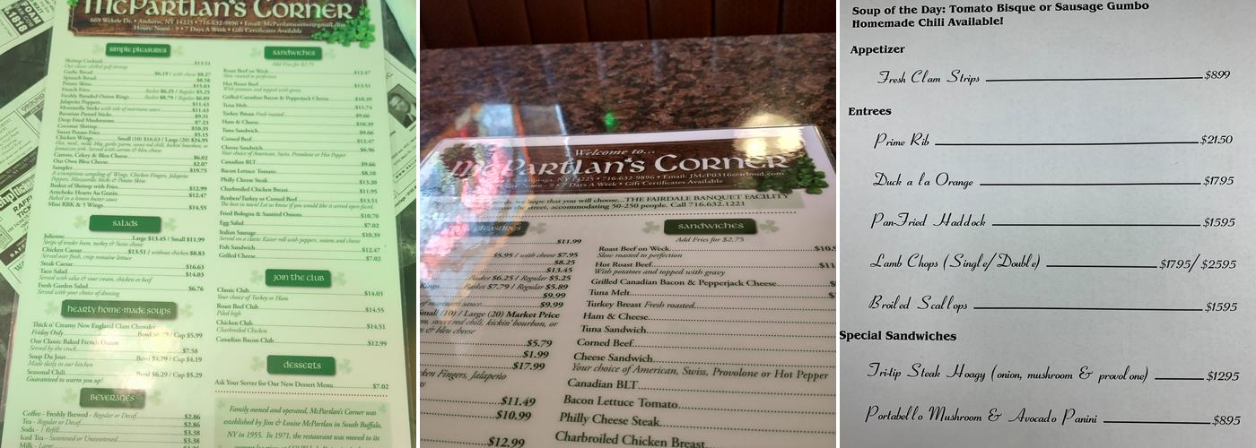 McPartlan's Corner Inc Menu