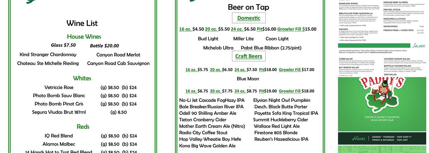 Paddy's Sports Bar Menu